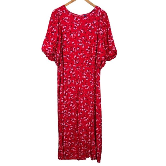 Old Navy Maxi Dress Womens 3X Red Floral Smocked Cutout Puff Sleeve Sundress New - Picture 1 of 16